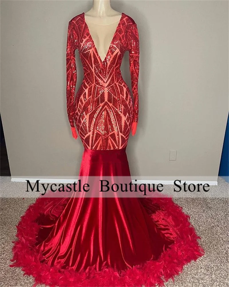 Elegant Red Sequined Mermaid Prom Dresses 2023 For Black Girls Feather Wedding Party Gowns Long Sleeve Formal Evening Dresses
Elegant Red Sequined Mermaid Prom Dresses 2023 For Black Girls Feather Wedding Party Gowns Long Sleeve Formal Evening Dresses