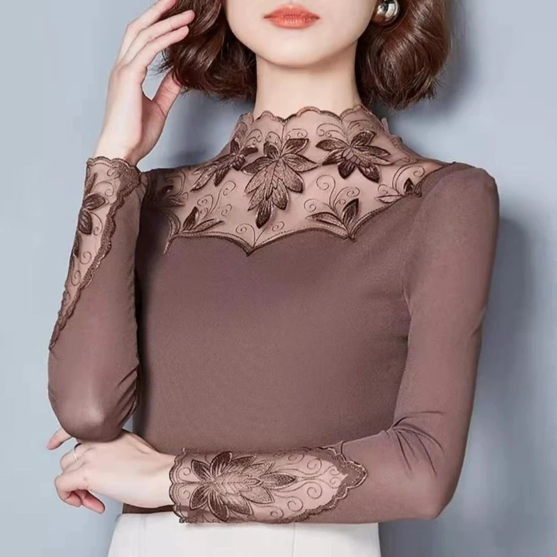 New Women Slim Lace Turtleneck T-shirt Female Elegant Summer Long Sleeve Flower See-through Shirt Bottoming Tops Blouse G637
New Women Slim Lace Turtleneck T-shirt Female Elegant Summer Long Sleeve Flower See-through Shirt Bottoming Tops Blouse G637