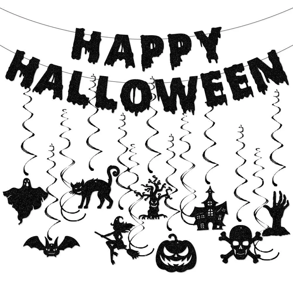 

Happy Halloween Banner Ghost Witch Castle Black Cat Bat Halloween Pumpkin Spiral Hanging Decor Happy 2023 Haloween Decor Home