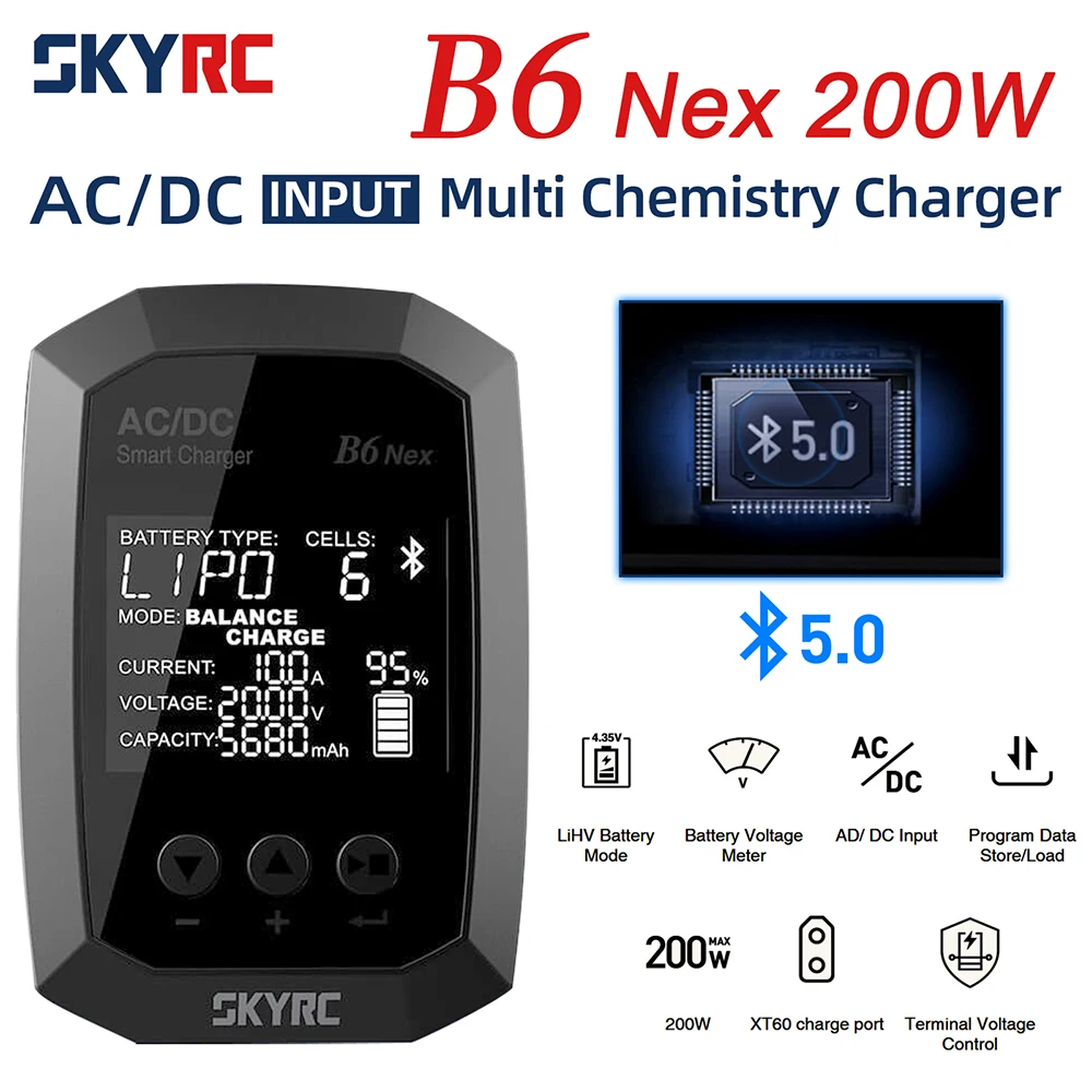 

SKYRC B6 Nex AC 50W DC 200W 10A Dual Power GaN 5.0 Bluetoot APP Battery Charger for LiPo 1-6s Li-Ion LiHV LiFe NiMH Pb Battery