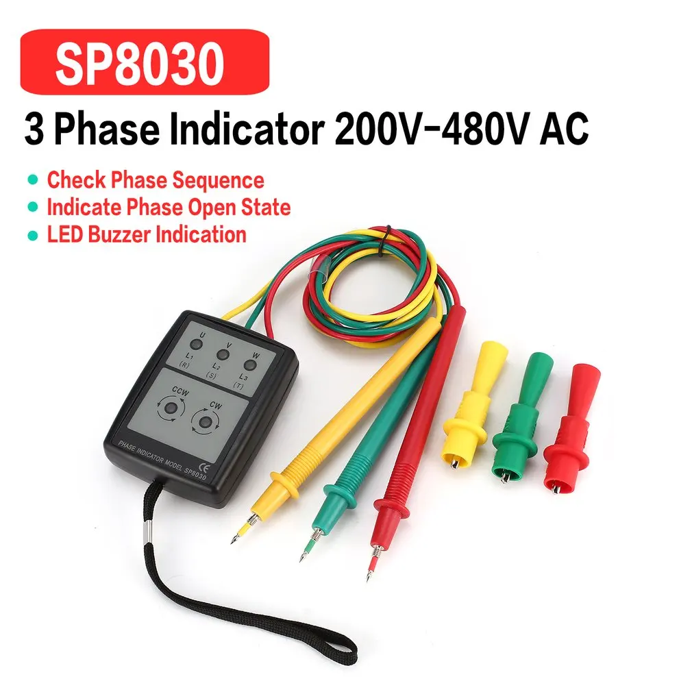 

SP8030 3 Phase Rotation Tester Digital Phase Indicator Detector LED Buzzer Phase Sequence Meter Voltage Tester 200V-480V AC