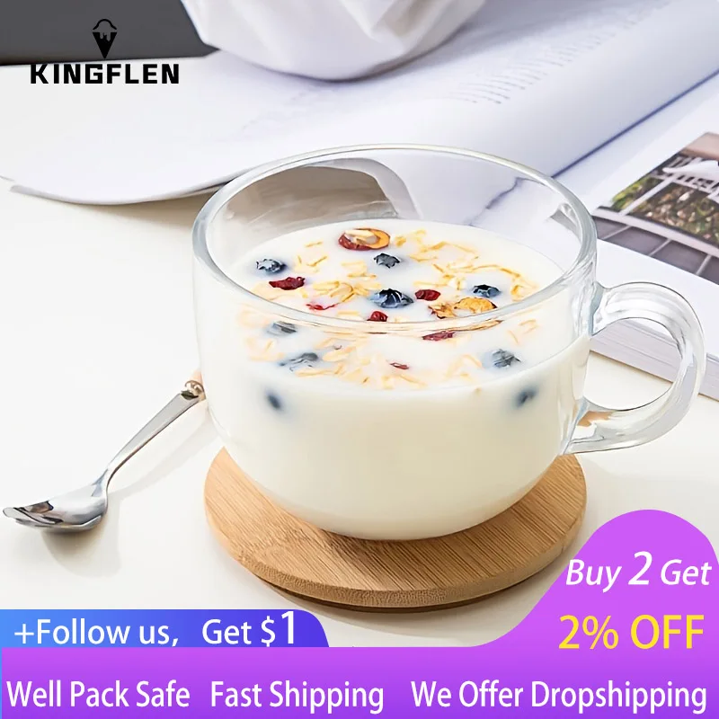 

1pc Glass Cup With Spoon With Lid 450ml/15.2oz, Breakfast Cup With Handle, For Breakfast Tea, Milk, Beverage, Oatmeal, Yogurt