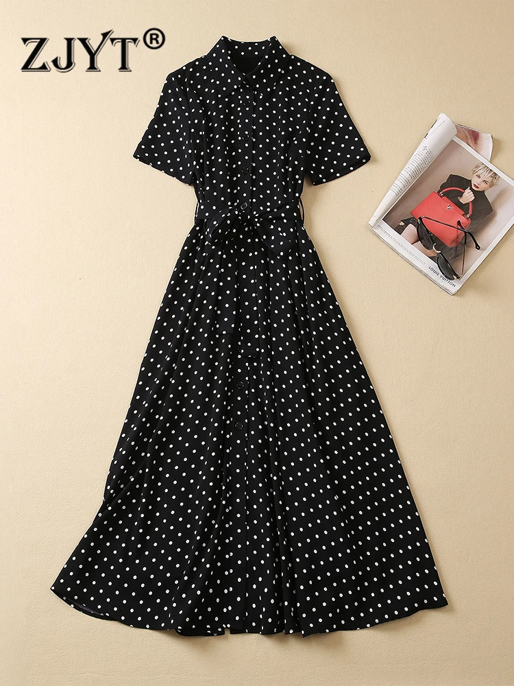 

ZJYT Runway Summer Polka Dot Print Black Dress for Women 2023 Short Sleeve Vintage Midi Vestidos Para Mujer Aline Holiday Robes