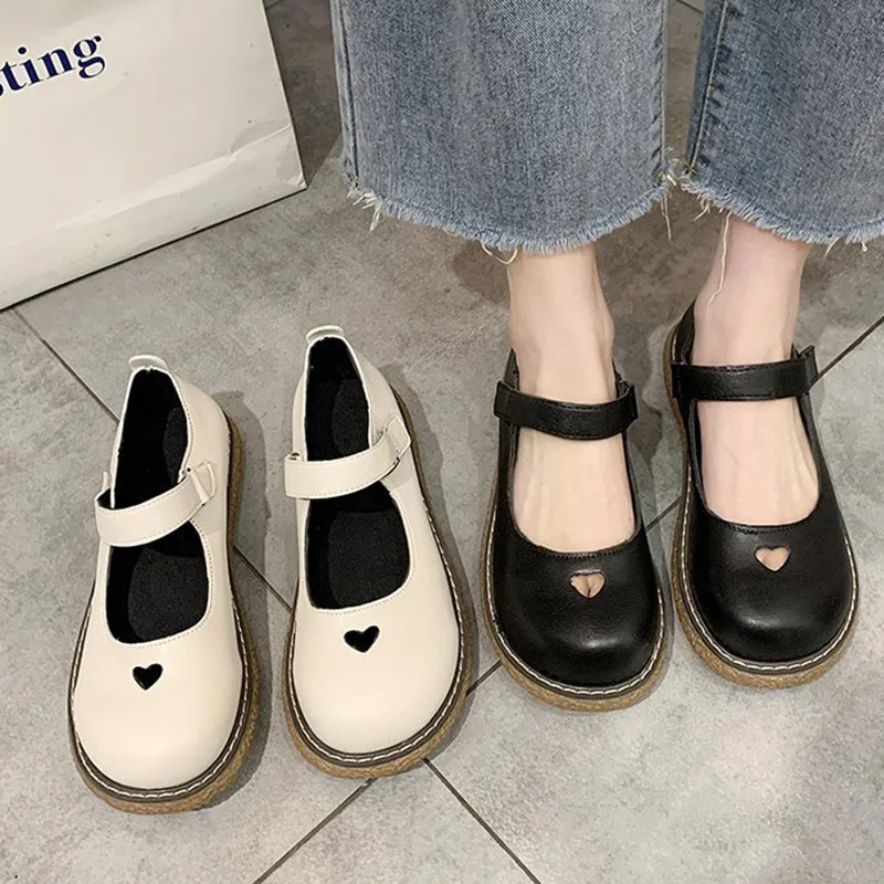 

Lisapie Lolita Shoes heart-shaped cutout Ankle Strap Girls Princess Shoes Mary Janes SHoes Black Platform Shoes Woman Flats