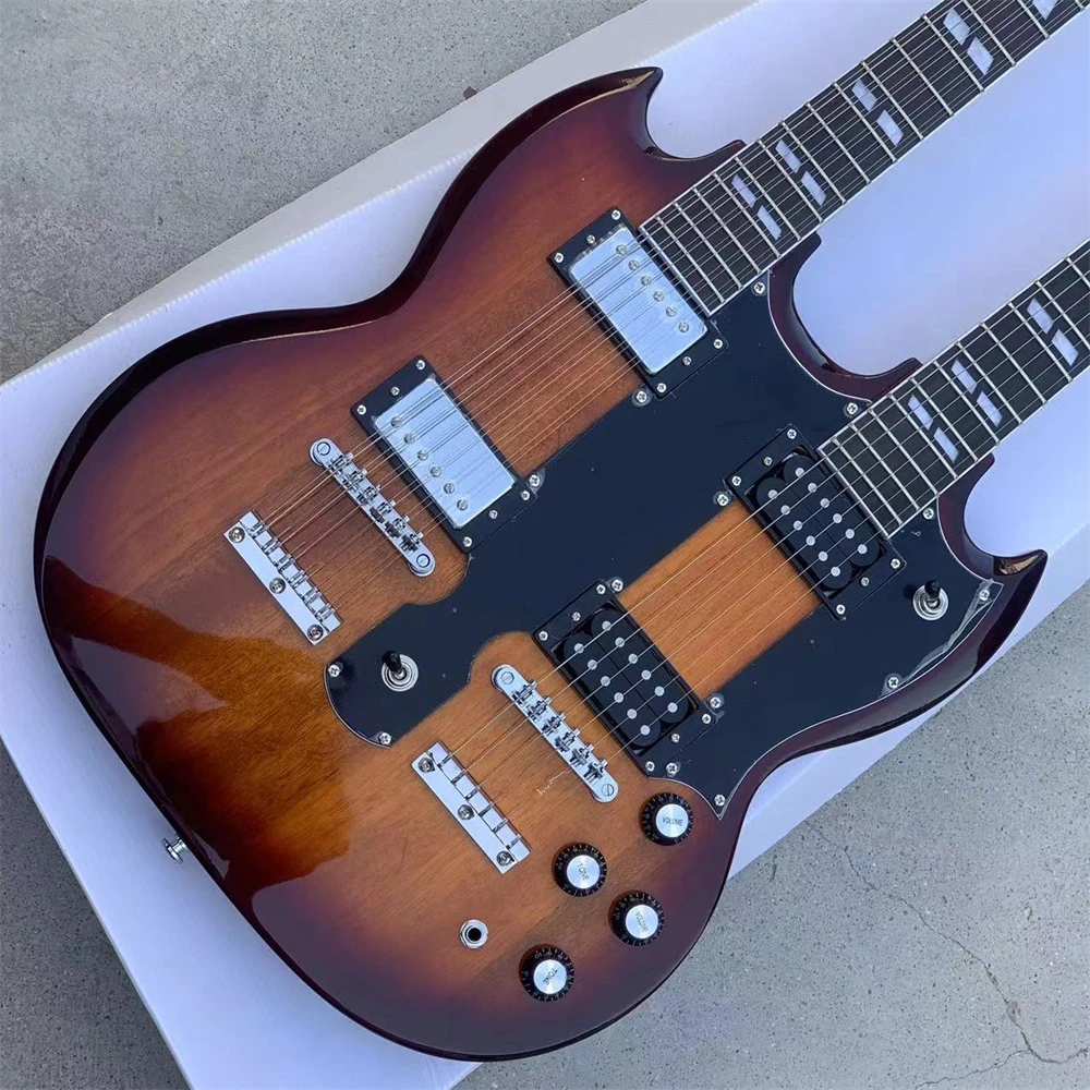 Пользовательский магазин, электрогитара Sunburst с двойной шеей, 6 струн и 12 струн гитар, хромированная фурнитура
Пользовательский магазин, электрогитара Sunburst с двойной шеей, 6 струн и 12 струн гитар, хромированная фурнитура