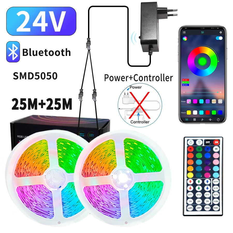 10m-50m LED Strip Lights Bluetooth RGB Tape Diode 24V SMD 5050 LED Ribbon Light for Room Decoration Lighting TV Backlight APP
10m-50m LED Strip Lights Bluetooth RGB Tape Diode 24V SMD 5050 LED Ribbon Light for Room Decoration Lighting TV Backlight APP