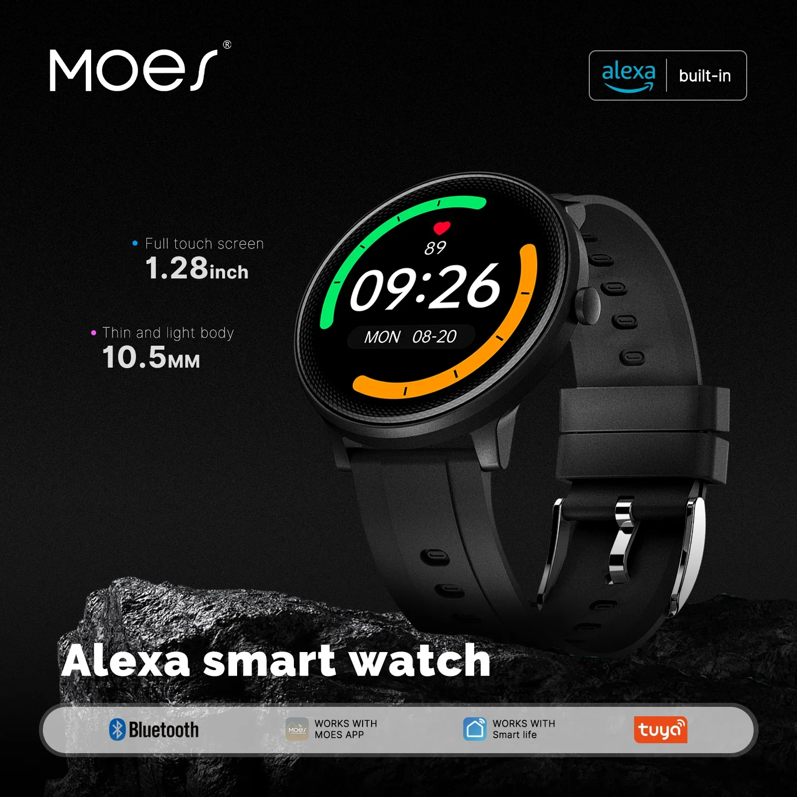 

MOES Smart Watch Alexa Built-in Fitness Tracker Heart Rate and Blood Oxygen Monitor, IP68 Waterproof 1.28-inch Color Touchscreen