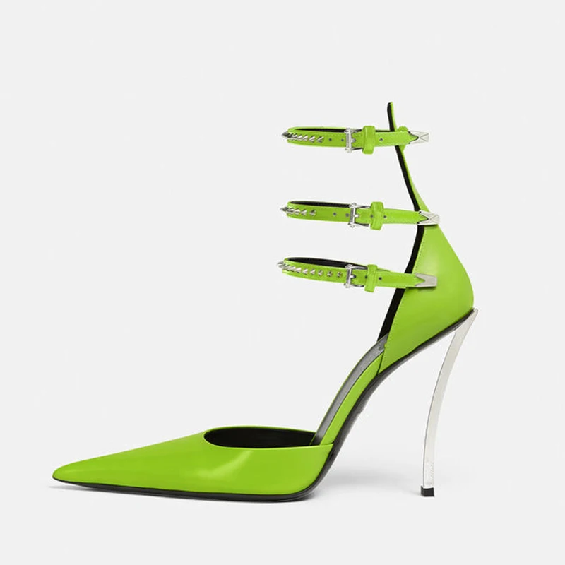 

Ankle Buckles Extreme High Thin Heels Women Stiletto Pointy Toe Sandals Metal Rivets Summer Dress Pumps Shoes