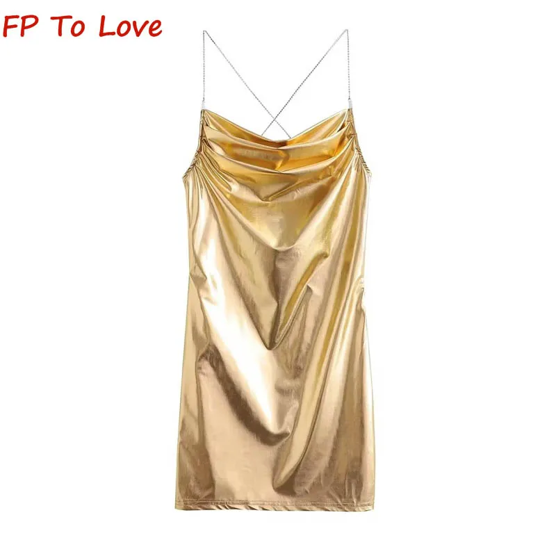 

Y2K золотистое блестящее уличное платье средней длины с металлическим блеском из искусственной кожи с лямкой на шее однотонное пикантное платье с открытой спиной на бретелях-спагетти с кристаллами Ночная одежда