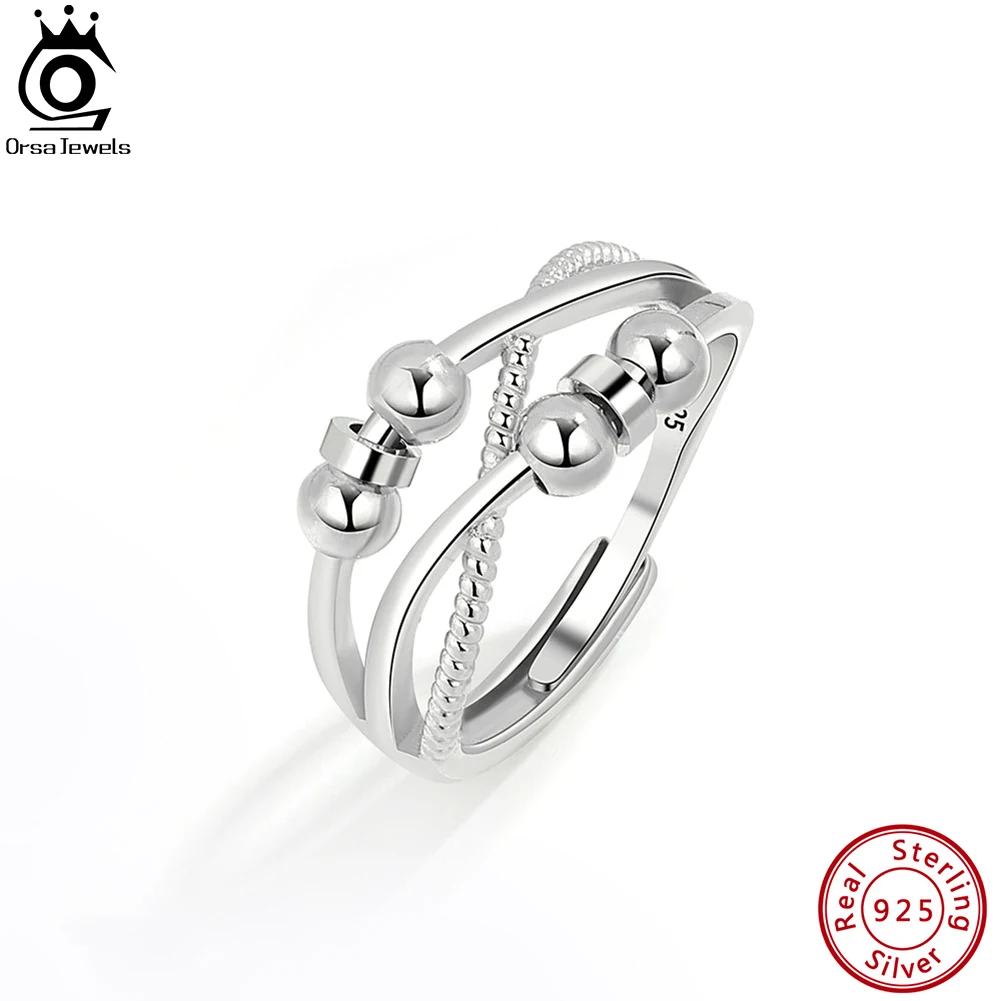 

ORSA JEWELS 925 Sterling Silver Fidget Anxiety Ring for Women Open Spinner Finger Ring with Rotatable Bead Party Jewelry SR297