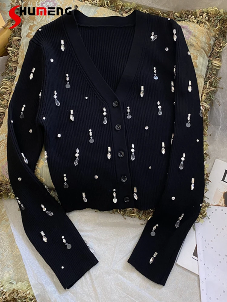 Luxury Black Beaded Rhinestone Long Sleeve Knitted Cardigan Elegant Woman Diamond V-neck All-Matching Slim Autumn Short Sweater
Luxury Black Beaded Rhinestone Long Sleeve Knitted Cardigan Elegant Woman Diamond V-neck All-Matching Slim Autumn Short Sweater