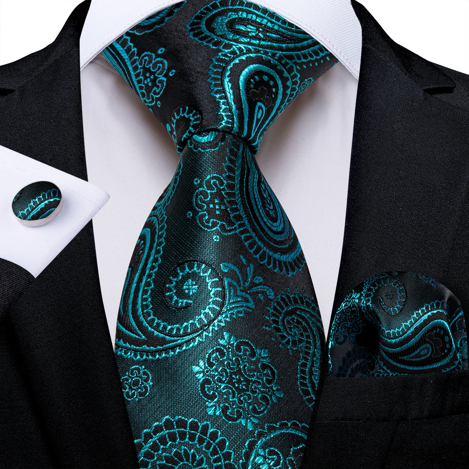 

Teal Blue Paisley Men's Silk Tie Handkerchief Cufflinks Wedding Party Groom Accessories Gift for Husband 8cm Necktie Wholesale