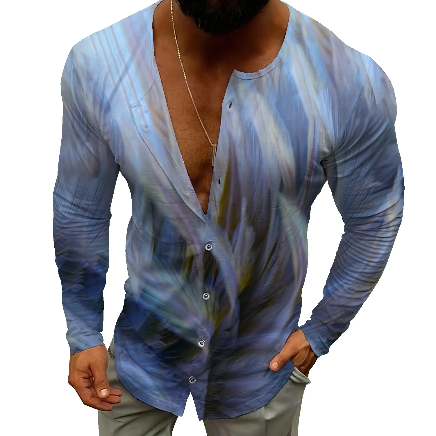 Feather printing long-sleeved T-shirt men's loose sweater Henry collar trend personality single-breasted cardigan jacket
Feather printing long-sleeved T-shirt men's loose sweater Henry collar trend personality single-breasted cardigan jacket