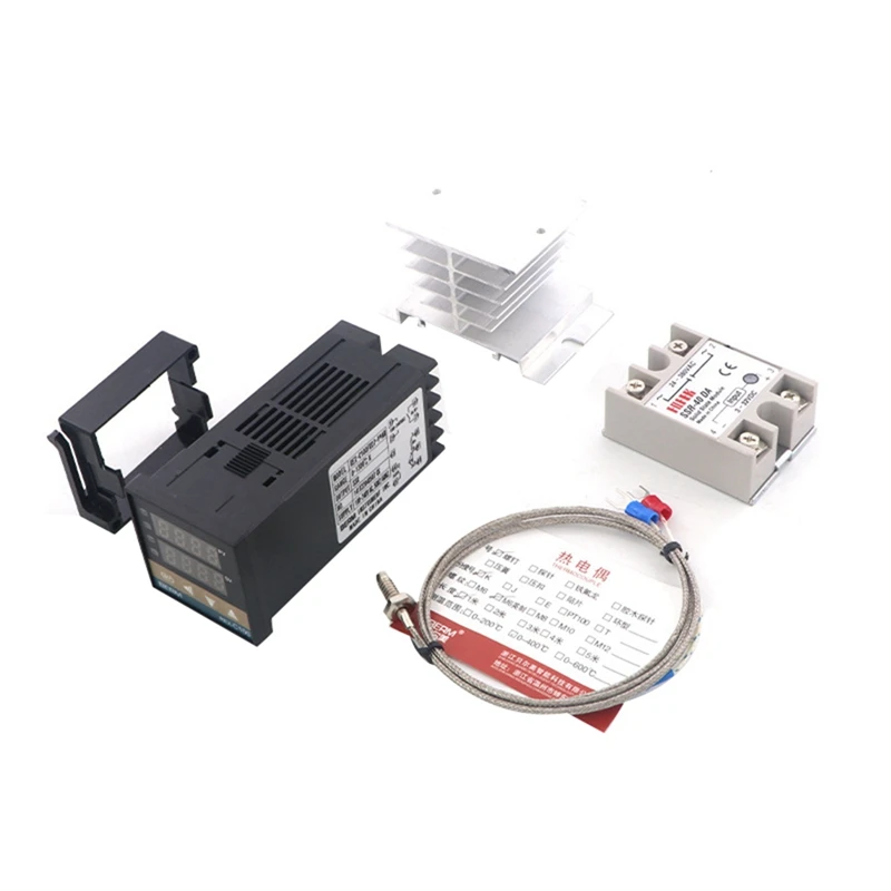 100-240VAC PID REX-C100 Temperature Controller Range 0 To 900C SSR40A K Thermocouple, PID Controller Set + Heat Sink 
100-240VAC PID REX-C100 Temperature Controller Range 0 To 900C SSR40A K Thermocouple, PID Controller Set + Heat Sink