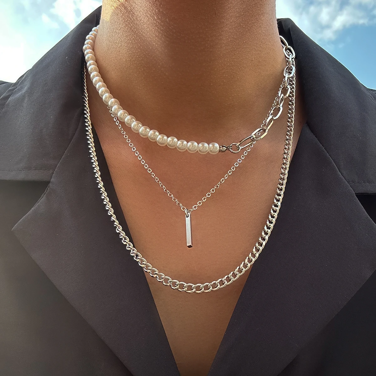

KunJoe Classic Geometric Stick Pendant Necklace for Men Punk Half Imitation Pearl Cuban Link Chain Choker Necklace Party Jewelry