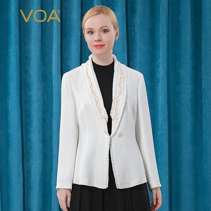 VOA 30 Momme Heavyweight Silk White Women Jacket Single Button Embroidery Shawl Collar Office Ladies long sleeves Slim Coat WE70
VOA 30 Momme Heavyweight Silk White Women Jacket Single Button Embroidery Shawl Collar Office Ladies long sleeves Slim Coat WE70