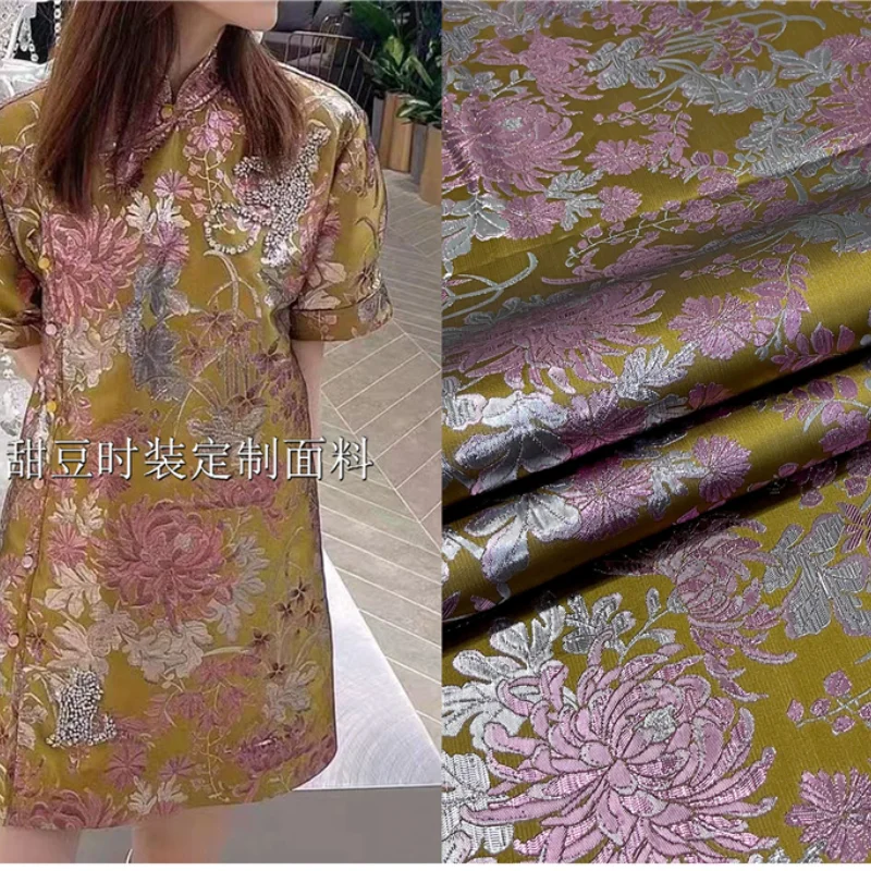 

Golden Silk Yarn Weaving Jacquard Brocade Fabric Elegant Peony Dress Fashion Qipao Clothing Cloth for Design Sewing by the Meter
