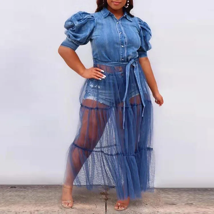 Plus-size Women's Dress Cardigan Long Skirt Temperament Commuter Blue Denim Patchwork Mesh Skirt Sexy Party Club Dress Vestidos 
Plus-size Women's Dress Cardigan Long Skirt Temperament Commuter Blue Denim Patchwork Mesh Skirt Sexy Party Club Dress Vestidos