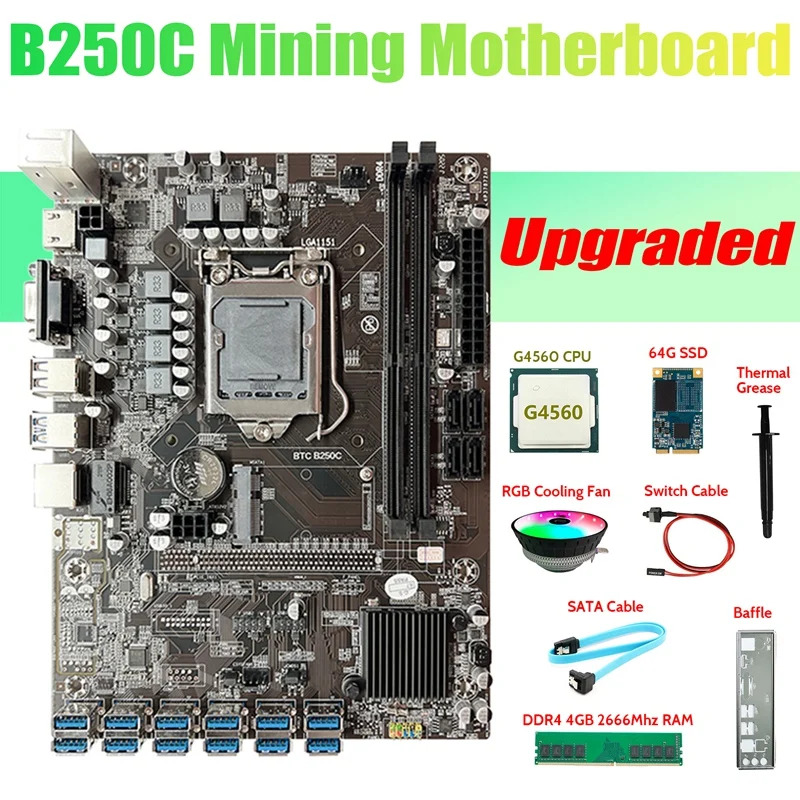 B250C ETH Miner Motherboard 12USB+G4560 CPU+DDR4 4GB RAM+64G SSD+RGB Fan+SATA Cable+Switch Cable+Thermal Grease+Baffle 
B250C ETH Miner Motherboard 12USB+G4560 CPU+DDR4 4GB RAM+64G SSD+RGB Fan+SATA Cable+Switch Cable+Thermal Grease+Baffle