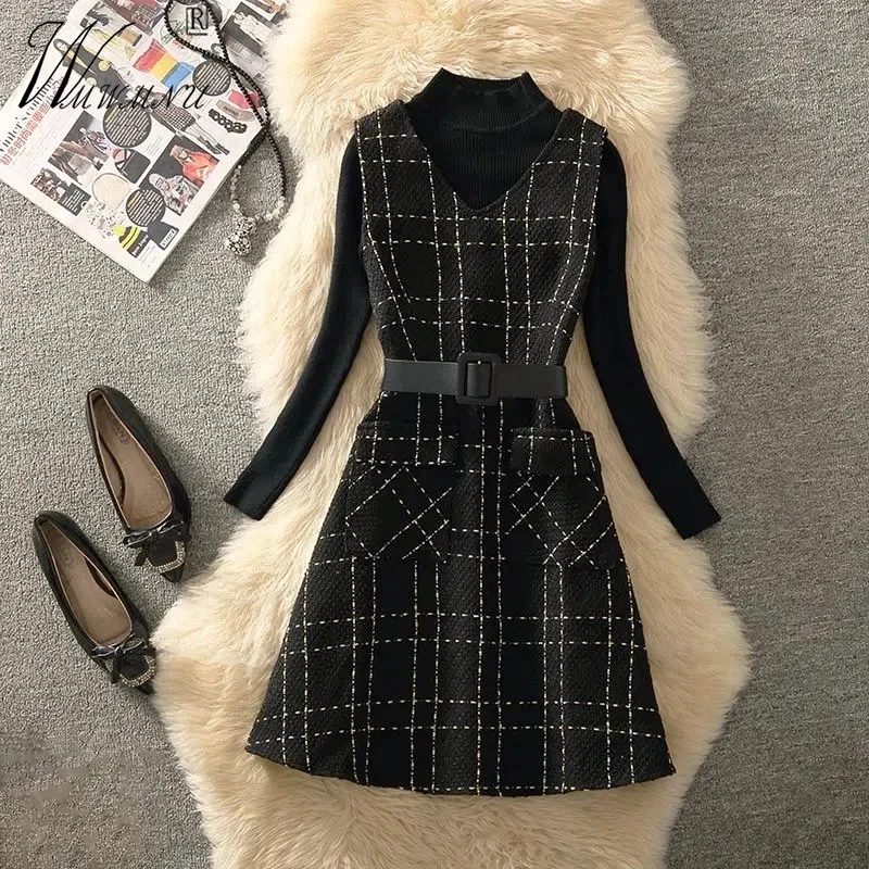 

elegant Sweater Tweed Dress 2 Piece Sets Vintage Plaid Sleeveless Knitted Pullover Suit Belted Unlined A-Line Tank Dresses Set