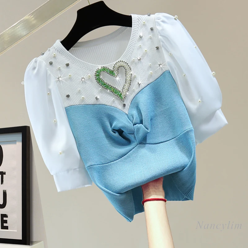 High Waist Top Women 2022 Summer Round Neck Puff Sleeve Color Matching Knit T-Shirts Love Beads Rhinestones Short Sleeve Tee 
High Waist Top Women 2022 Summer Round Neck Puff Sleeve Color Matching Knit T-Shirts Love Beads Rhinestones Short Sleeve Tee