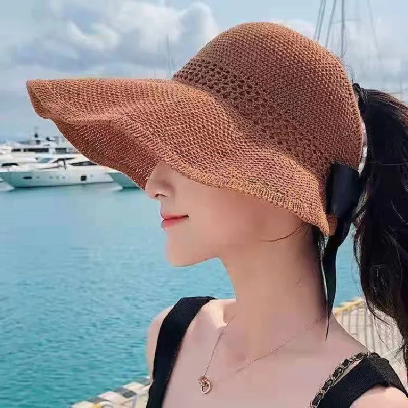 

2023 Women Summer Straw Visor Caps Wide Brim Foldable Sun Hat Ladies Outdoor Traveling Hiking Anti-uv Empty Top Bow Beach Hats