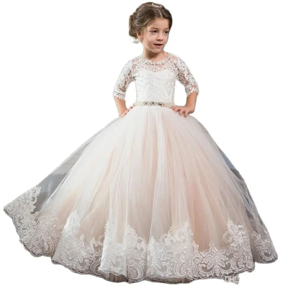 

New Lace White Ivory Flower Girls Dresses Sheer Jewel Neck With Sash Ruffles Party Princess Kids Party Birthday Communion Gowns