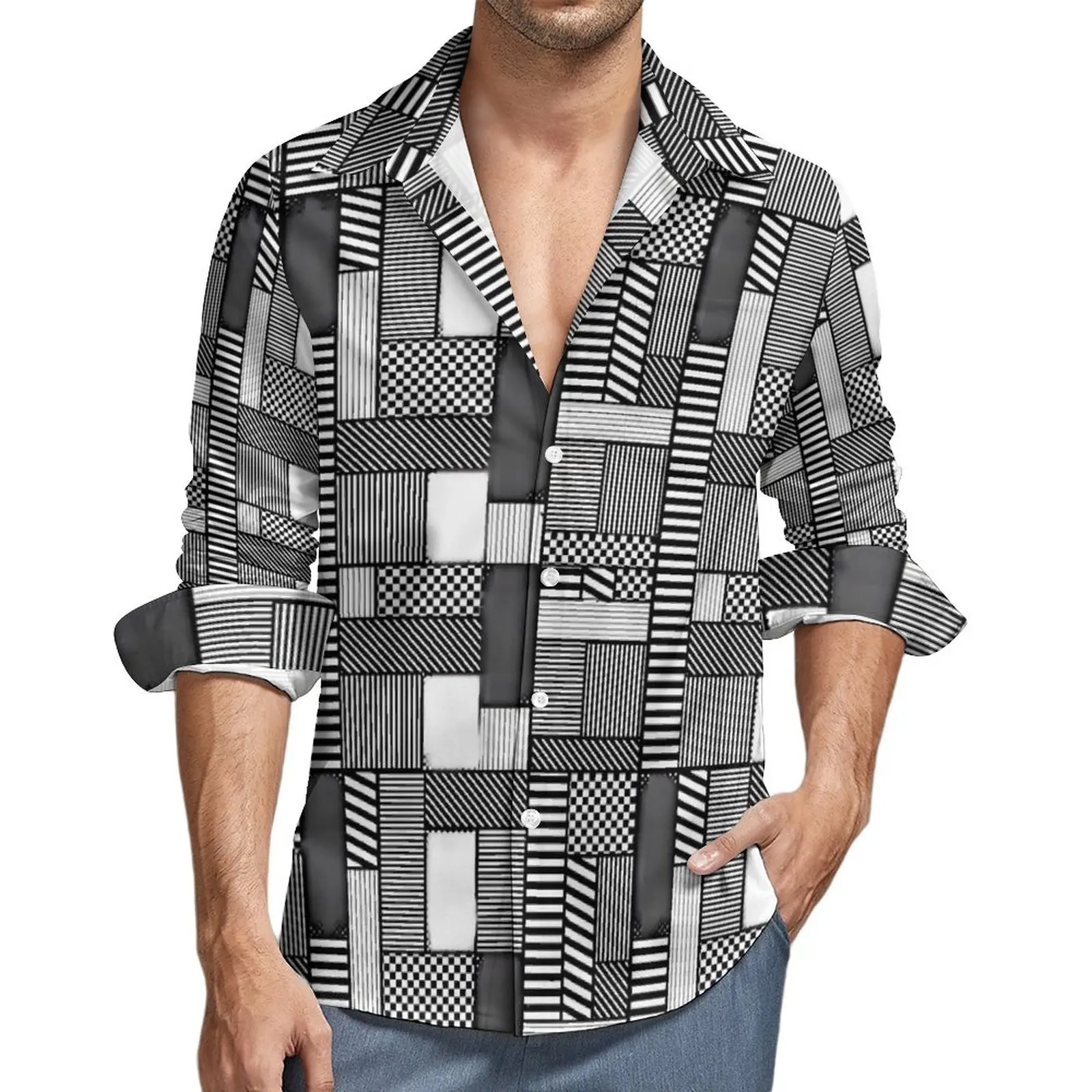 Black And White Geo Print Casual Shirts Mens Geomatric Patchwork Shirt Long Sleeve Vintage Aesthetic Blouses Spring Design Tops
Black And White Geo Print Casual Shirts Mens Geomatric Patchwork Shirt Long Sleeve Vintage Aesthetic Blouses Spring Design Tops