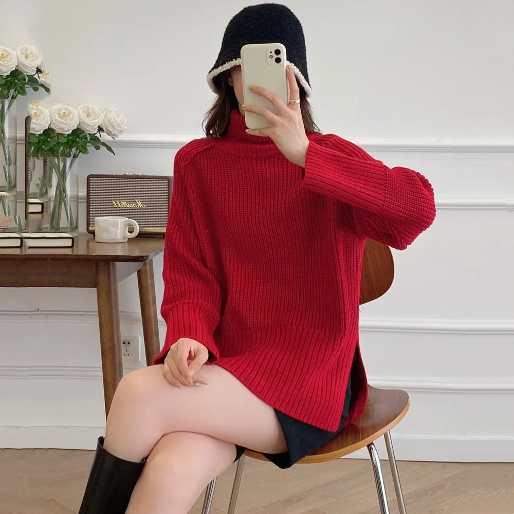 Women's 2023 new loose and chic top autumn and winter long-sleeved test slit turtleneck red knitted sweater 3519130
Women's 2023 new loose and chic top autumn and winter long-sleeved test slit turtleneck red knitted sweater 3519130