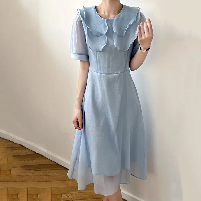 2022 Summer Women's Dress Mid Length Double Layer Ruffle Neck Blue Korean Fashion Puff Sleeves Ladies Elegant Female H3202
2022 Summer Women's Dress Mid Length Double Layer Ruffle Neck Blue Korean Fashion Puff Sleeves Ladies Elegant Female H3202