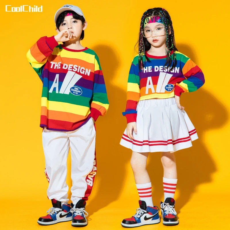Boy Street Dance Rainbow Striped Sweatshirt Joggers Pants Girls Hip Hop Crop Top Skirt Kids Costume Clothes Set Child Streetwear
Boy Street Dance Rainbow Striped Sweatshirt Joggers Pants Girls Hip Hop Crop Top Skirt Kids Costume Clothes Set Child Streetwear