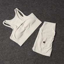 Womens Tracksuit Shorts Yoga Set With Pocket High Waist Sportswear Bra Fitness Workout Leggings Cycling Gym Shorts Sports Suit