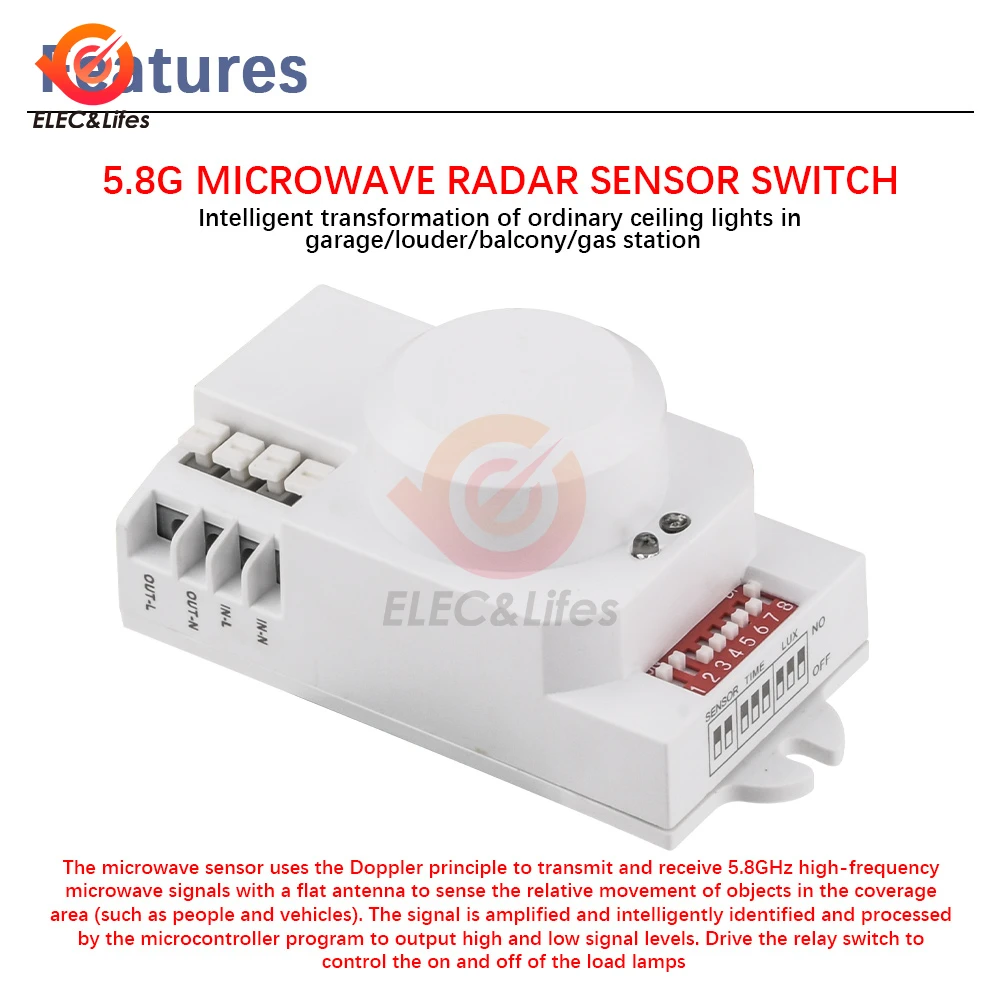 AC 85V-250V 5.8GHz Microwave Radar Sensor Switch Body Motion Detector For LED Light Sensors Switches
AC 85V-250V 5.8GHz Microwave Radar Sensor Switch Body Motion Detector For LED Light Sensors Switches