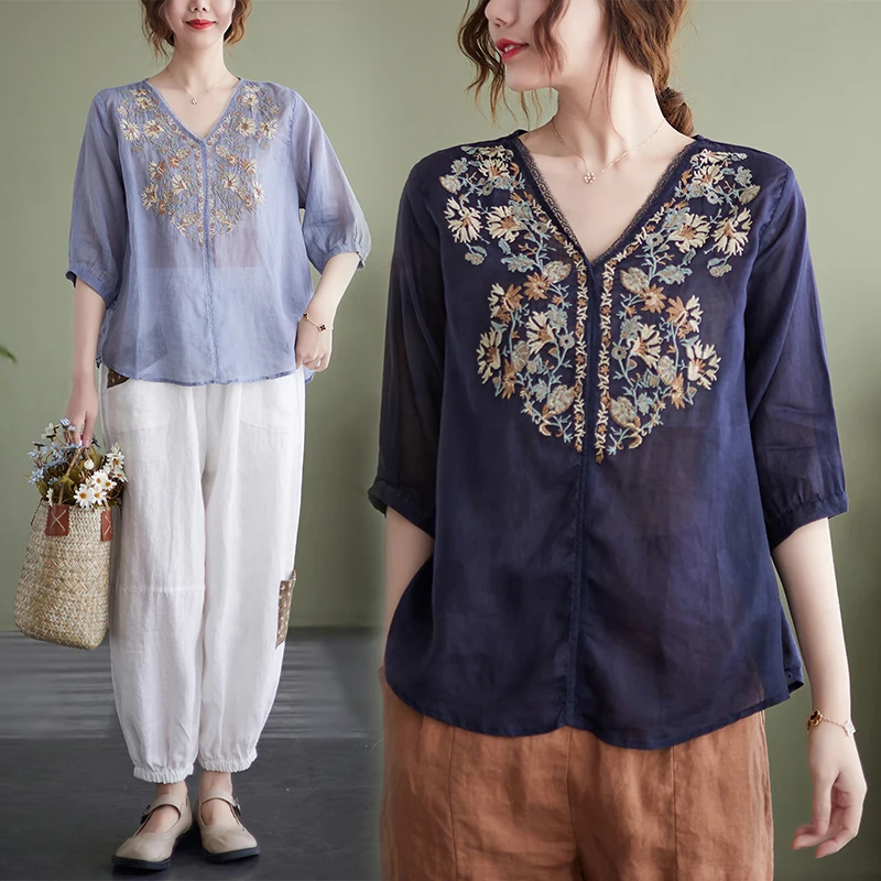 Summer 2022 New Shirt Women's Literature And Art Retro Elegant V-neck Lace Embroidered Short Sleeve Shirt Top 
Summer 2022 New Shirt Women's Literature And Art Retro Elegant V-neck Lace Embroidered Short Sleeve Shirt Top