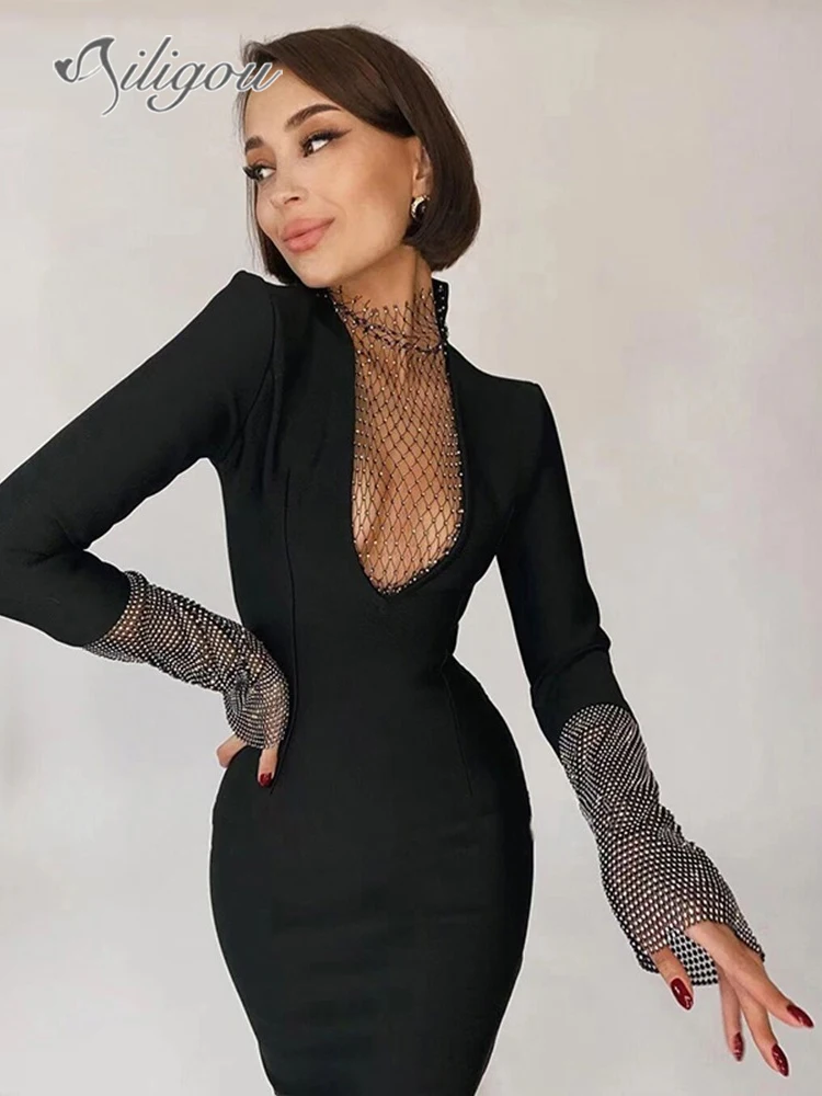 Ailigou New Ladies Dress Shiny Crystal Fishnet Cutout Design Long Sleeve Celebrity Cocktail Party Club Bandage Black Mini Dress
Ailigou New Ladies Dress Shiny Crystal Fishnet Cutout Design Long Sleeve Celebrity Cocktail Party Club Bandage Black Mini Dress