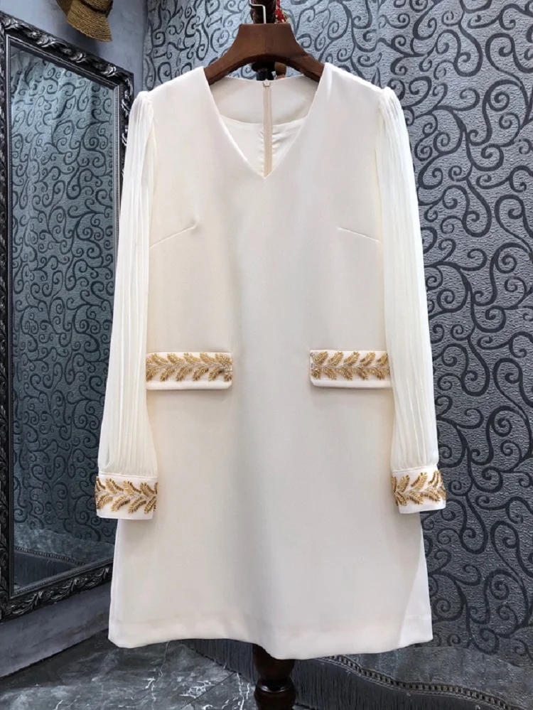 High Quality New 2023 Spring Dress Women V-Neck Beading Deco Long Sleeve Straight Elegant Party Apricot Black Dress Vestidos
High Quality New 2023 Spring Dress Women V-Neck Beading Deco Long Sleeve Straight Elegant Party Apricot Black Dress Vestidos