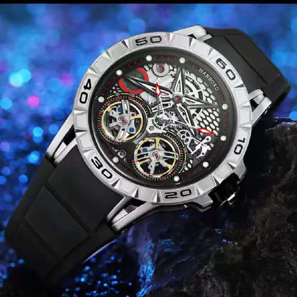 

HANBORO Men's watch double flying wheel fully automatic mechanical watch hollowed trend waterproof luminous fashion man watches