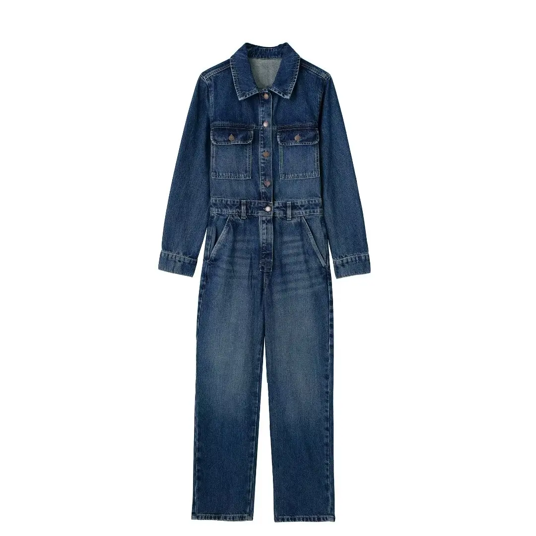 Women Autumn New Chic Fashion Pocket decoration Slim lapel Denim Jumpsuit Vintage Long Sleeve Button-up Female Playsuits Mujer 
Women Autumn New Chic Fashion Pocket decoration Slim lapel Denim Jumpsuit Vintage Long Sleeve Button-up Female Playsuits Mujer