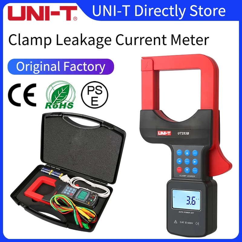 

UNI-T UT253A/UT253B Large Jaws Leakage Current Clamp Meter Auto Range RS-232 LCD Backlight Data Hold Over-Range Display