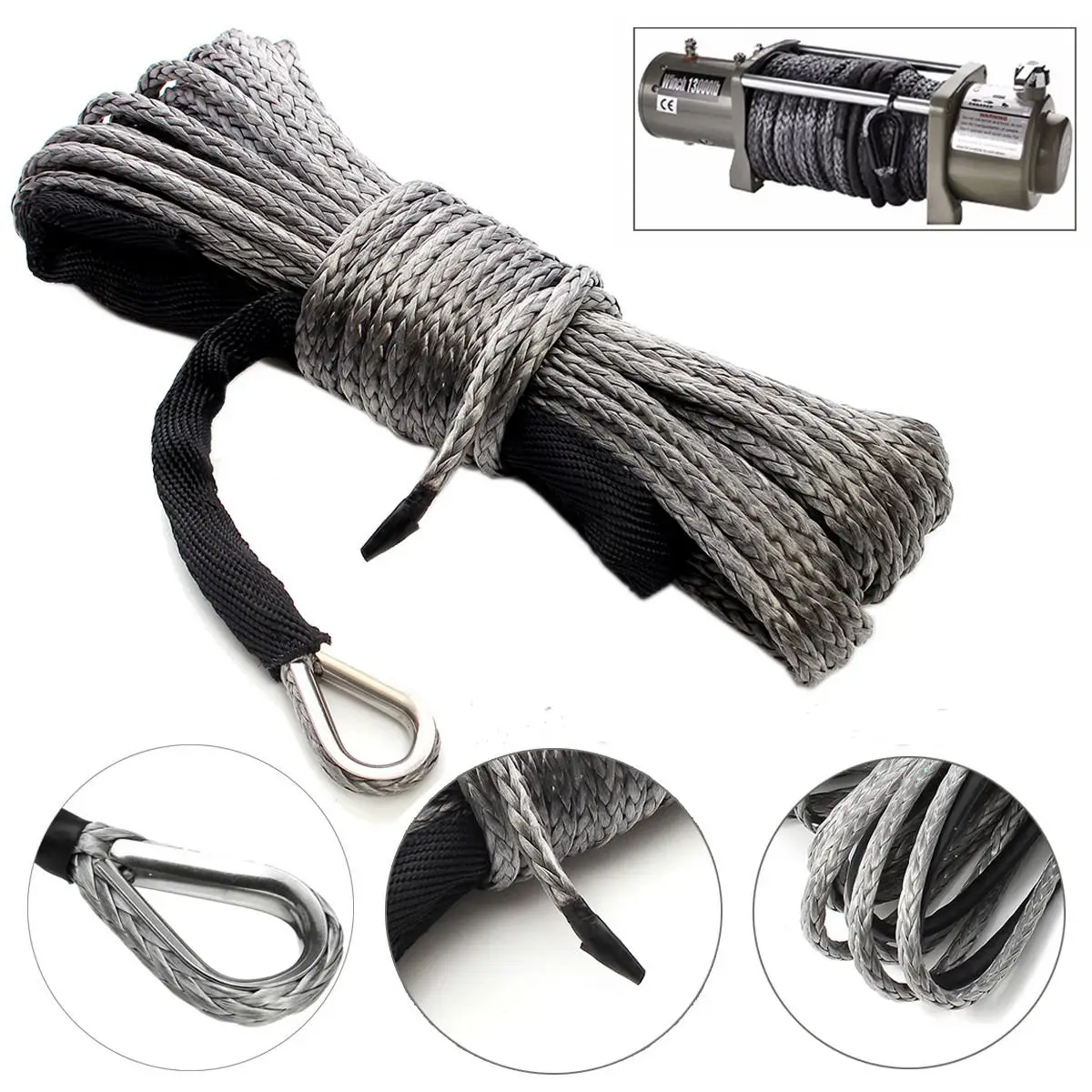 

15m 7700LBs Synthetic Winch Rope Line Cable with Sheath ATV UTV Capstan Gray Towing Rope Car Wash Maintenance Auto String