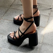 Brand Women High Heels Party Shoes Chunky Sandals 2023 New Summer Cross Tied Sexy Pumps Rome Ladies Shoes Slippers Mujer Zapatos