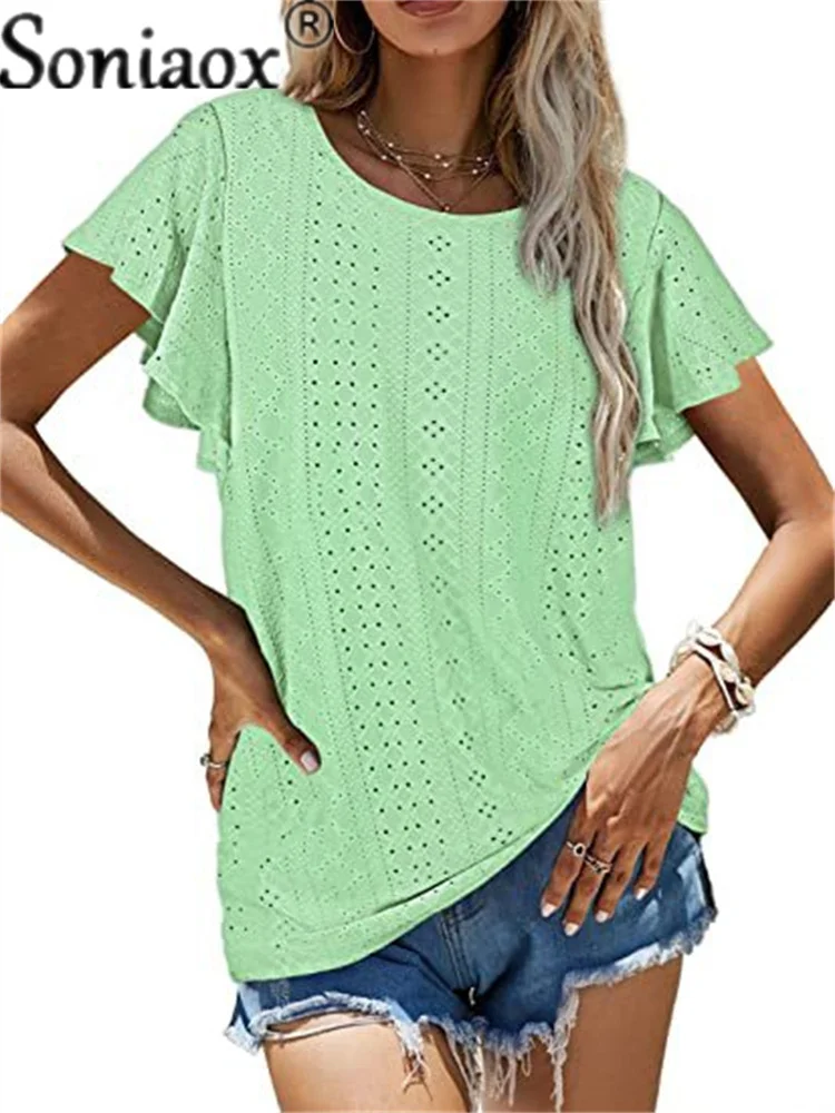 2022 Summer Solid Color Hollow Pullover Round Neck Ruffles Short Sleeve T-Shirt Casual Loose Cotton Ladies Street Top T-Shir
2022 Summer Solid Color Hollow Pullover Round Neck Ruffles Short Sleeve T-Shirt Casual Loose Cotton Ladies Street Top T-Shir