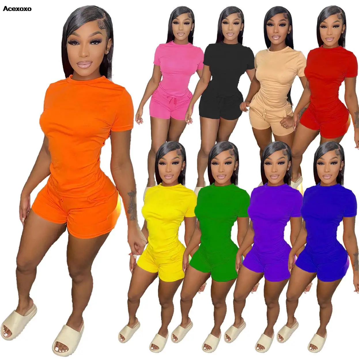 Europe and the United States women's summer pure color T-shirt shorts two-piece trials
Europe and the United States women's summer pure color T-shirt shorts two-piece trials