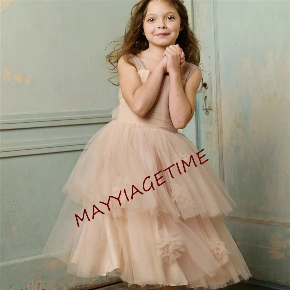 

Hot Sale Wedding Flower Girl's Dresses Sleeveless Ruched Applique A-Line Tulle Tea-Length Champagne Pageant Party Gowns