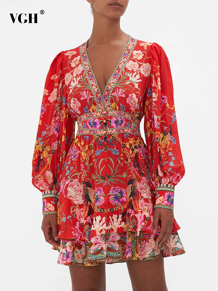 

VGH Colorblock Print Slim Dress For Women Deep V Neck Lantern Sleeve High Waist Spliced Ruffles Mini Dresses Female Summer Style
