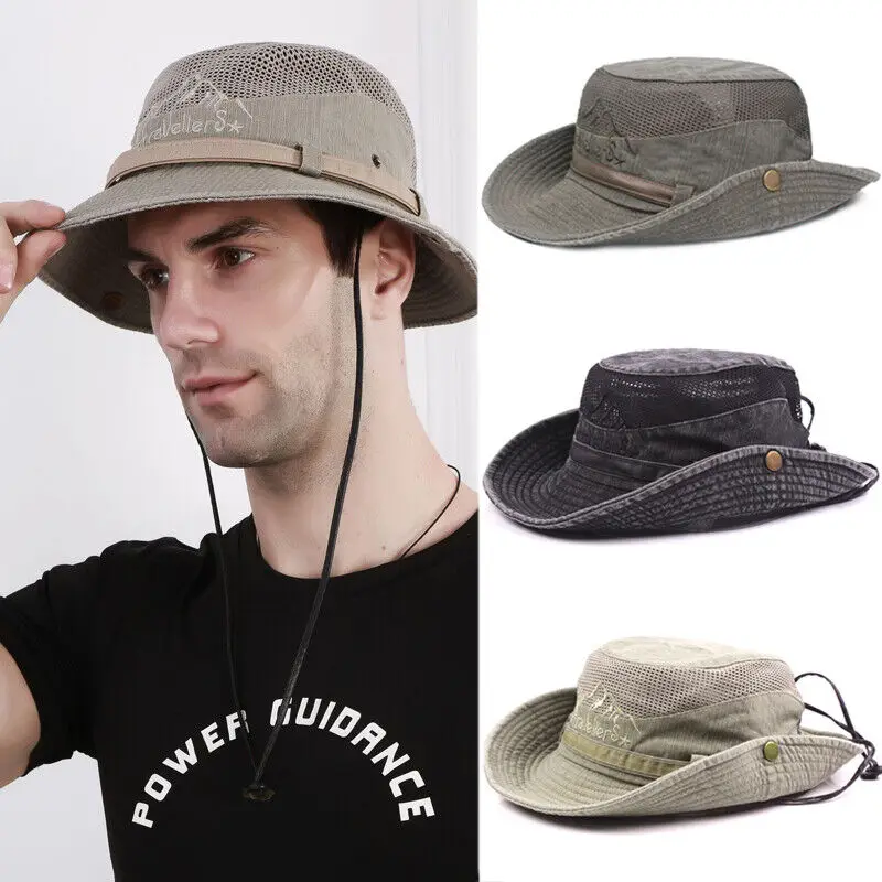 

Summer Bucket Hat Men Jungle Outdoor Breathable Mesh Fishing Hiking Wide Edge Brim Panama SunHat Anti UV Sunscreen Fisherman Hat