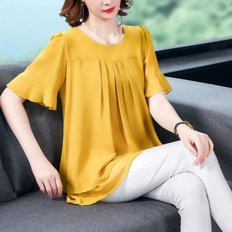 2023 New Fashion Women Summer Vintage Short Sleeve Solid Chiffon T Shirt Korean Style Female Casual Loose BlousesTops Z16
2023 New Fashion Women Summer Vintage Short Sleeve Solid Chiffon T Shirt Korean Style Female Casual Loose BlousesTops Z16