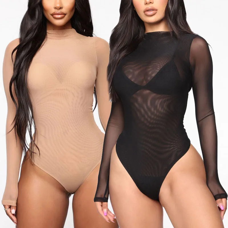 

Women Sexy See-Through Lingerie Solid Color Long Sleeve Jumpsuits Sheer Mesh Casual Clubwear Bikini Exotic Intimate Sex Lingerie