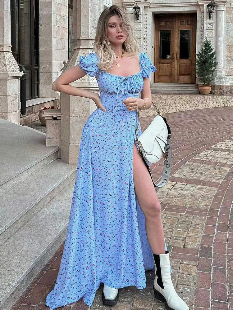 Elegant Vintage Blue Floral Print High Slit Long Dress Women Square Collar Short Sleeve Tunic High Waist Evening Party Vestidos
Elegant Vintage Blue Floral Print High Slit Long Dress Women Square Collar Short Sleeve Tunic High Waist Evening Party Vestidos