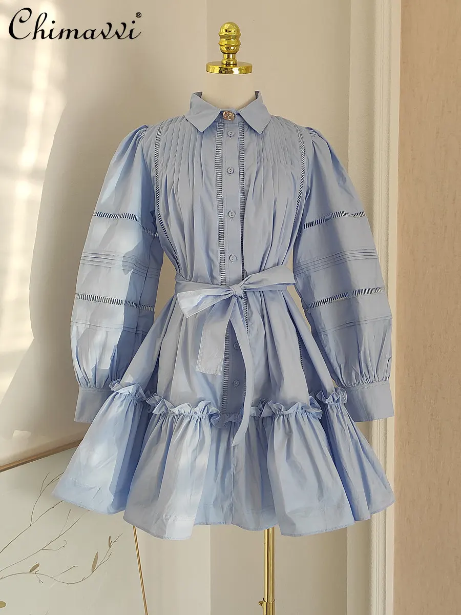 French Lapel Ruffled Waist Embroidered Hollow Out Tied Belt Bow Shirt Dress Women's All-Match Commute Lantern Sleeve Dress
French Lapel Ruffled Waist Embroidered Hollow Out Tied Belt Bow Shirt Dress Women's All-Match Commute Lantern Sleeve Dress